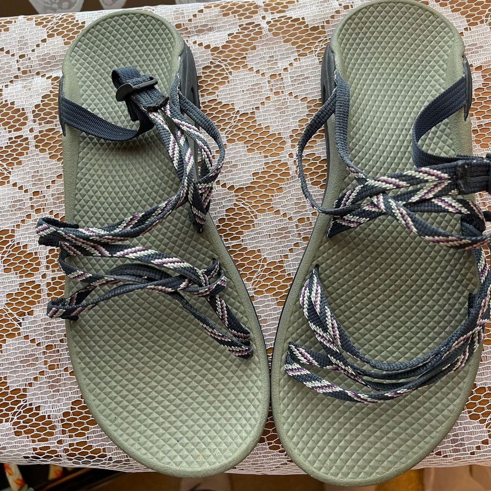 Chaco Olive Green Sandals with Braided Black, Cream, and Purple Straps
